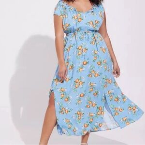 GUS Torrid 2x Plus Textured Blue Maxi Dress with pockets and orange floral
